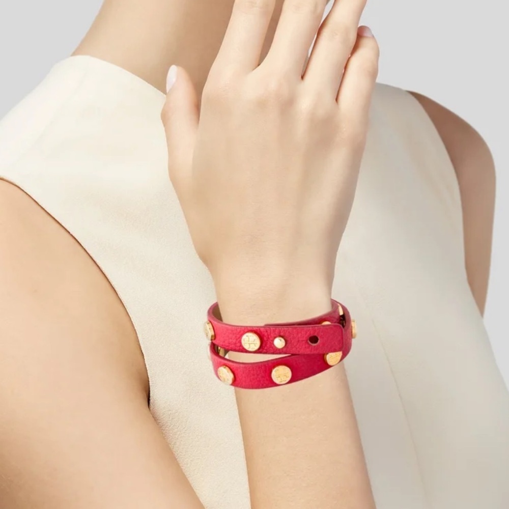 Tory Burch Double Wrap Leather Logo Stud Bracelet – Coral Pink & Gold - Picture 2 of 6